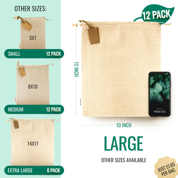 Multipurpose Reusable Cotton Bags Large 10x12"